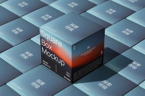 Square box packaging mockup featuring a grid of boxes with gradient blue and orange design, shown in perspective view.