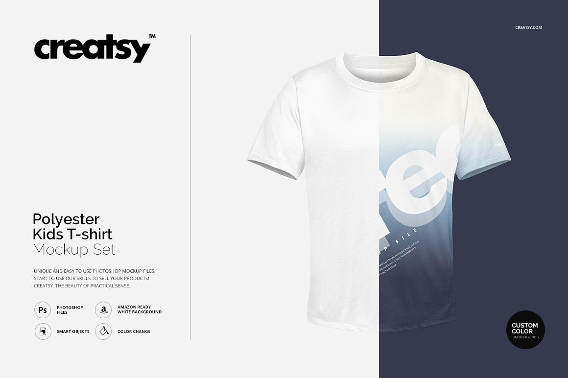 Front view of a kids polyester t-shirt mockup with a gradient blue and white design on a plain background.