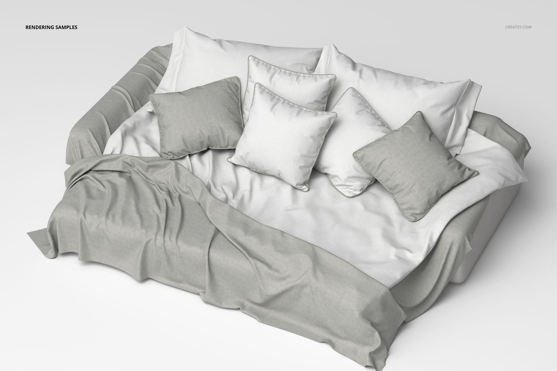 Front view of a luxury bedding set with soft gray and white pillows and a matching blanket on a bed in a minimal scene.