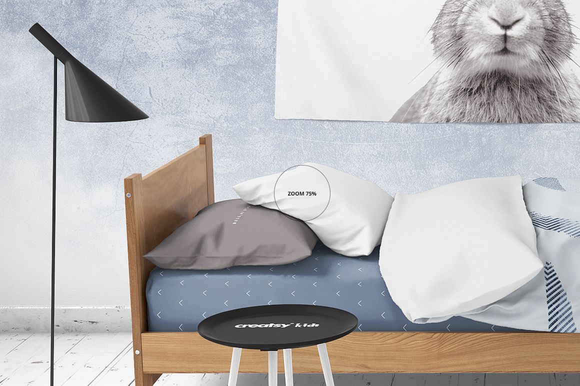Mockup of a children's room featuring a round corners rug, wooden bed, blue sheets, and animal wall art.