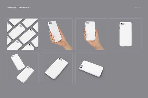 Multiple views of a white plastic iPhone 7 case mockup, including hand-held and flat lay perspectives on a gray background.