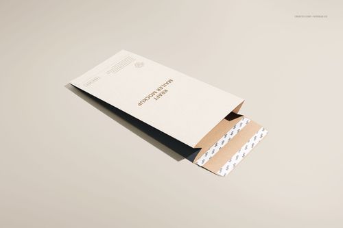 Kraft mailer envelope mockup shown from a top angle on a light beige background, partially opened flap visible.