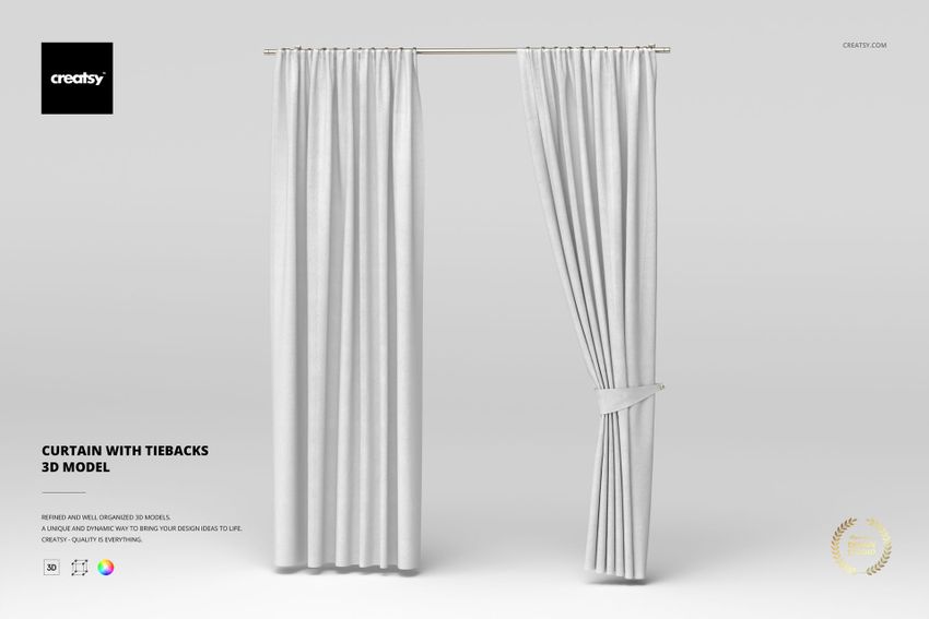 Front view of a white curtain with tiebacks, displayed against a plain light background, showing pleated fabric texture.