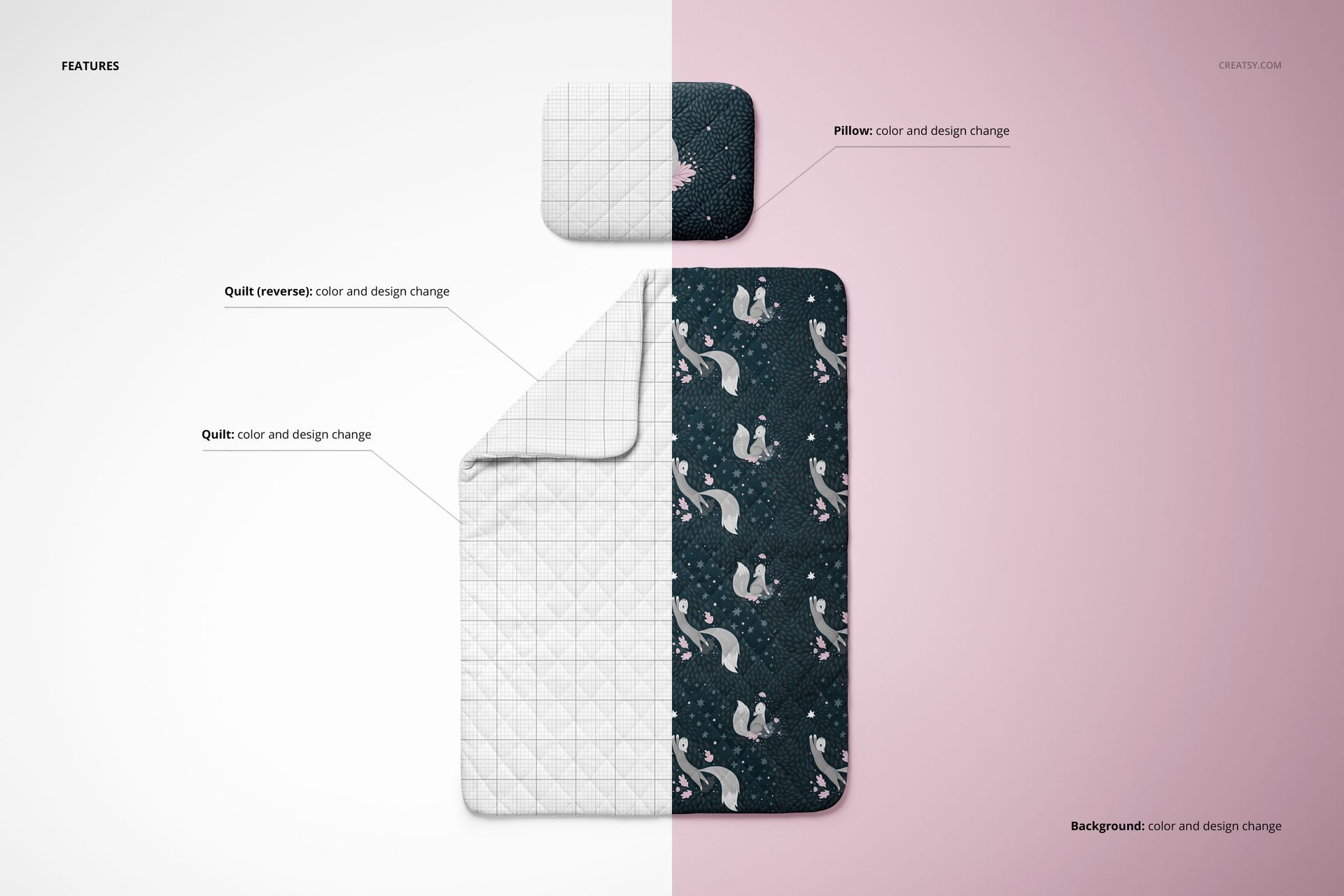 Double-sided baby bedding set mockup showing a pillow and quilt with contrasting patterns on a split background.