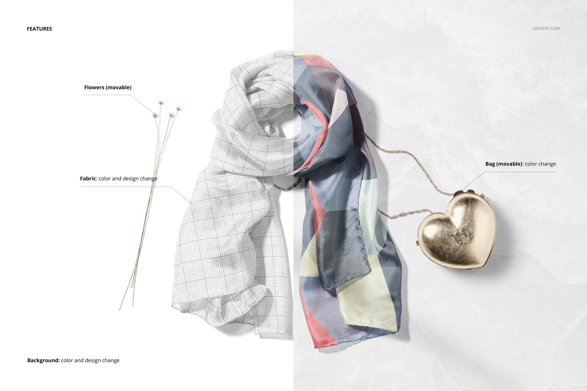 Mockup of a chiffon silk scarf draped beside a gold heart-shaped bag on a textured white background.