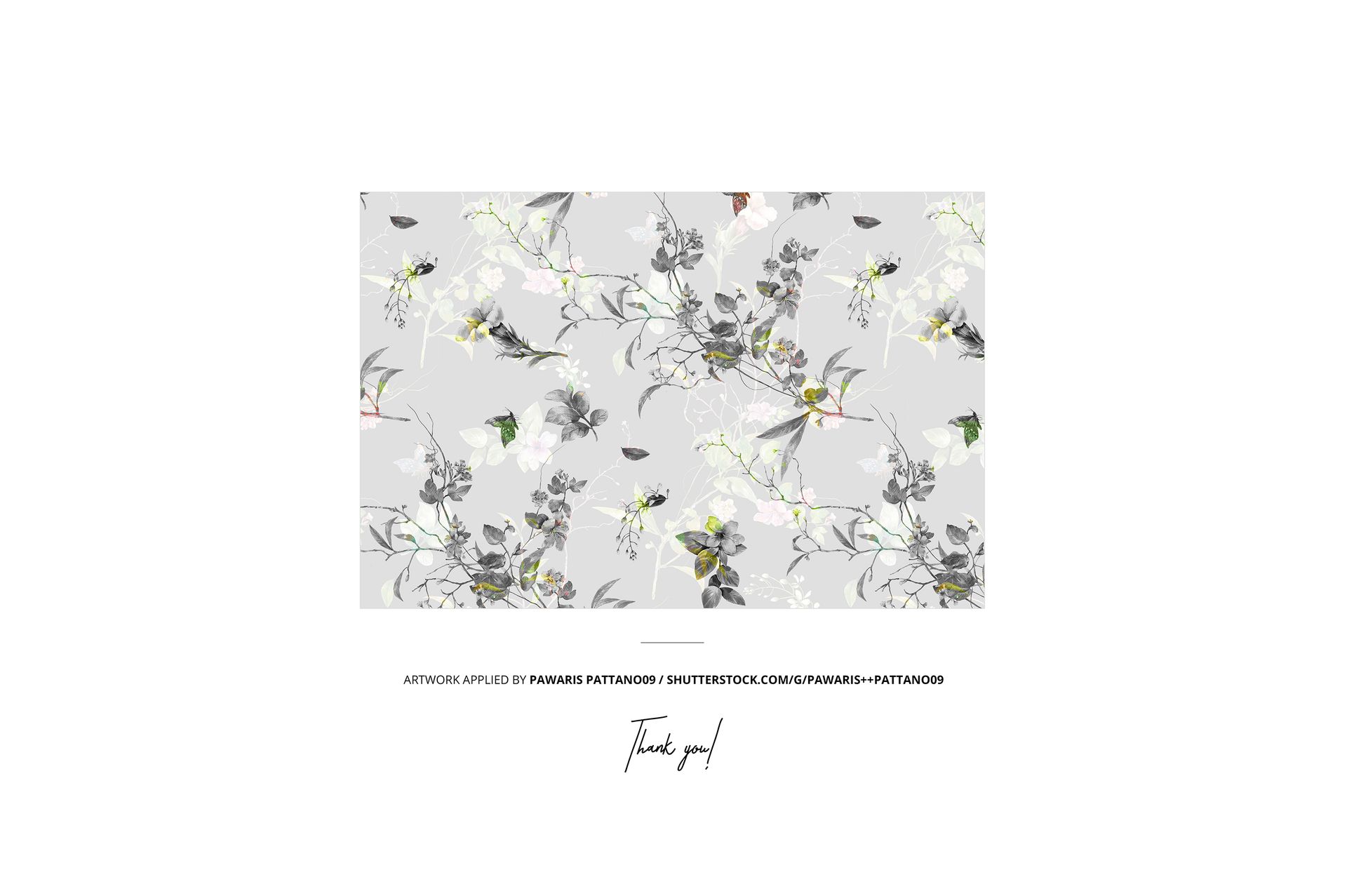 Front view of beads and two cotton ribbons mockup featuring a gray background with floral and bird pattern.