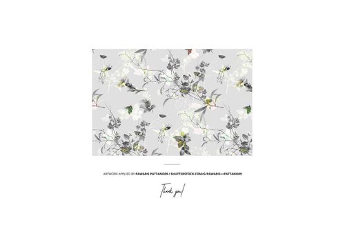 Front view of beads and two cotton ribbons mockup featuring a gray background with floral and bird pattern.