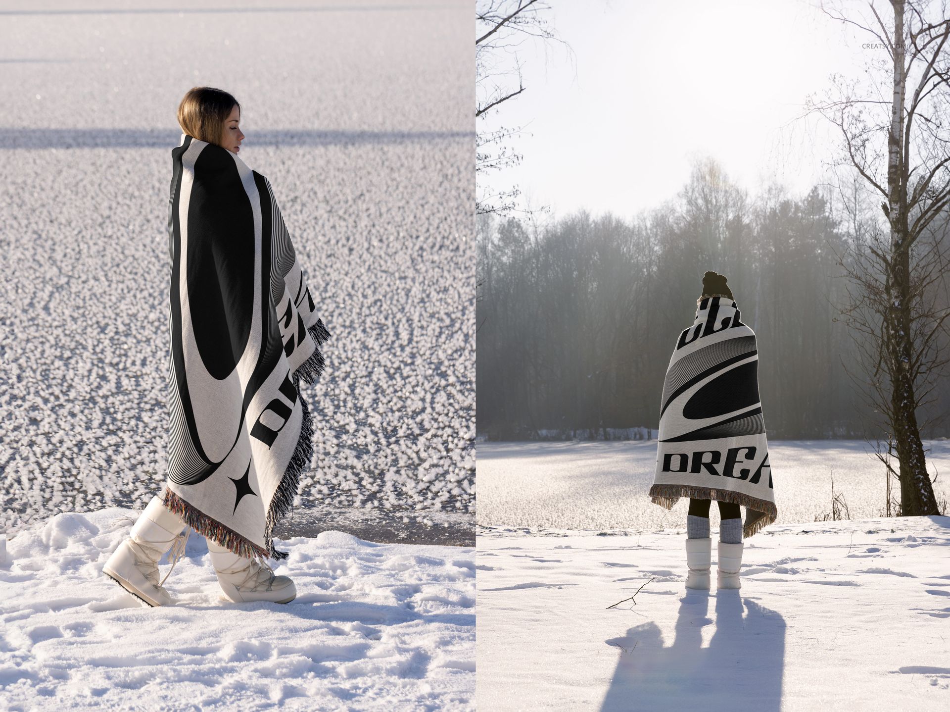 PSD mockup of a large woven blanket featuring abstract black and white design, shown in a snowy outdoor setting.