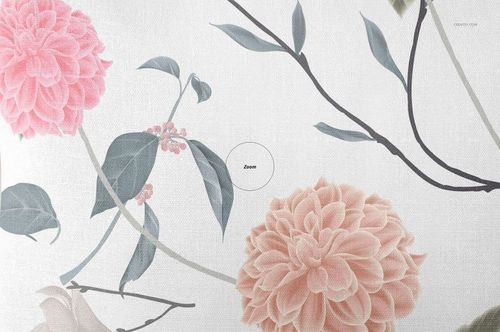 Front view of a 30x50 cm piping pillow mockup with large pink blooms and leafy branches on a light background.