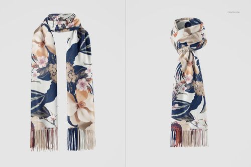 Cashmere scarf with a floral pattern in navy, beige, and pink tones, shown from the front and side on a white background.