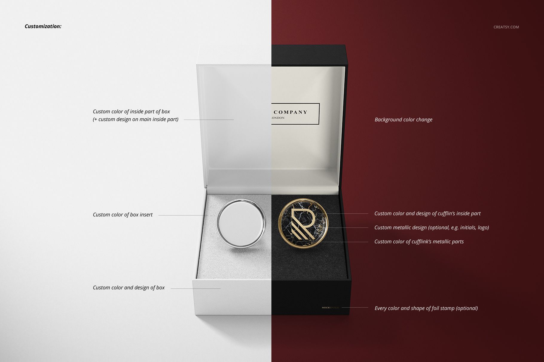 Cufflinks mockup set with open box displayed in split view, showing customizable colors and metallic details.