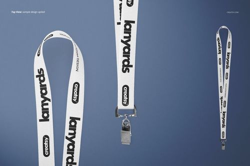 Polyester lanyard mockup featuring white material with bold black lettering, displayed against a blue backdrop.