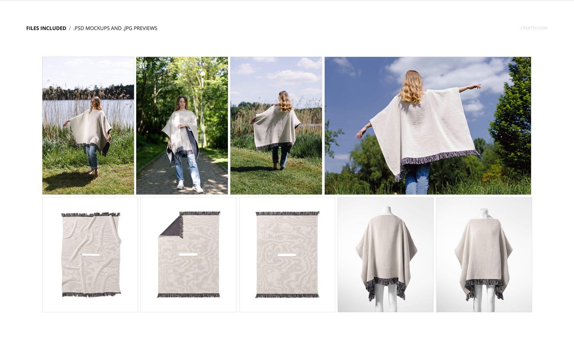 Woven poncho mockup displayed in various settings, including outdoor lakeside, park scenes, and studio mannequin views.