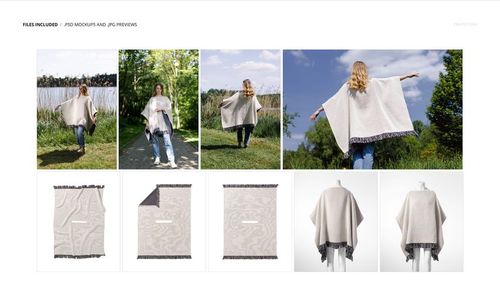 Woven poncho mockup displayed in various settings, including outdoor lakeside, park scenes, and studio mannequin views.