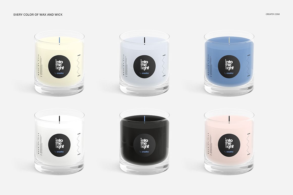 Mockup of six scented candles in clear glass jars, showing assorted wax colors and wicks from a front perspective.