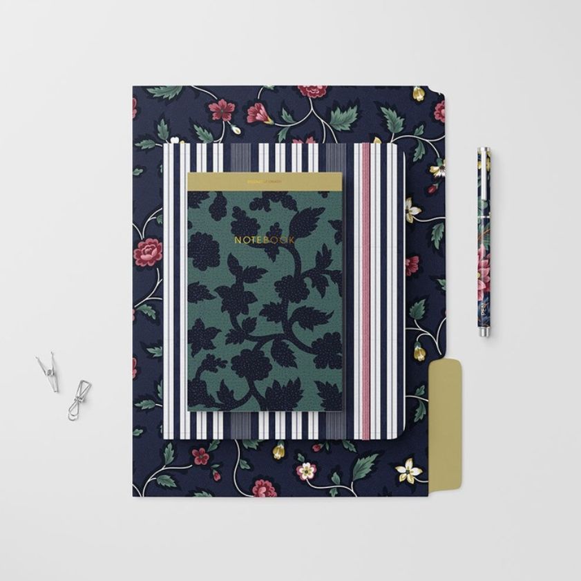 Stationery set mockup featuring a notebook, striped folder, and floral patterned folder arranged on a white surface.