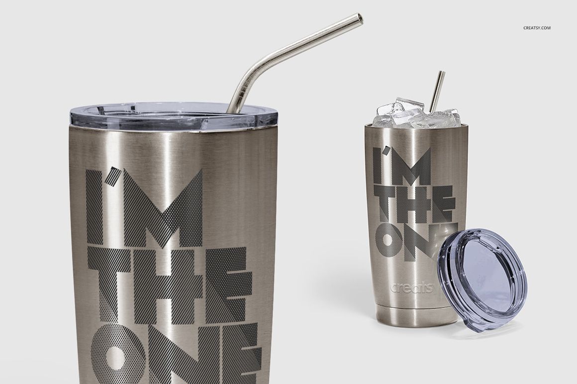 Front and angled views of a stainless steel tumbler with a metal straw, engraved text, and removable lid on a white background.
