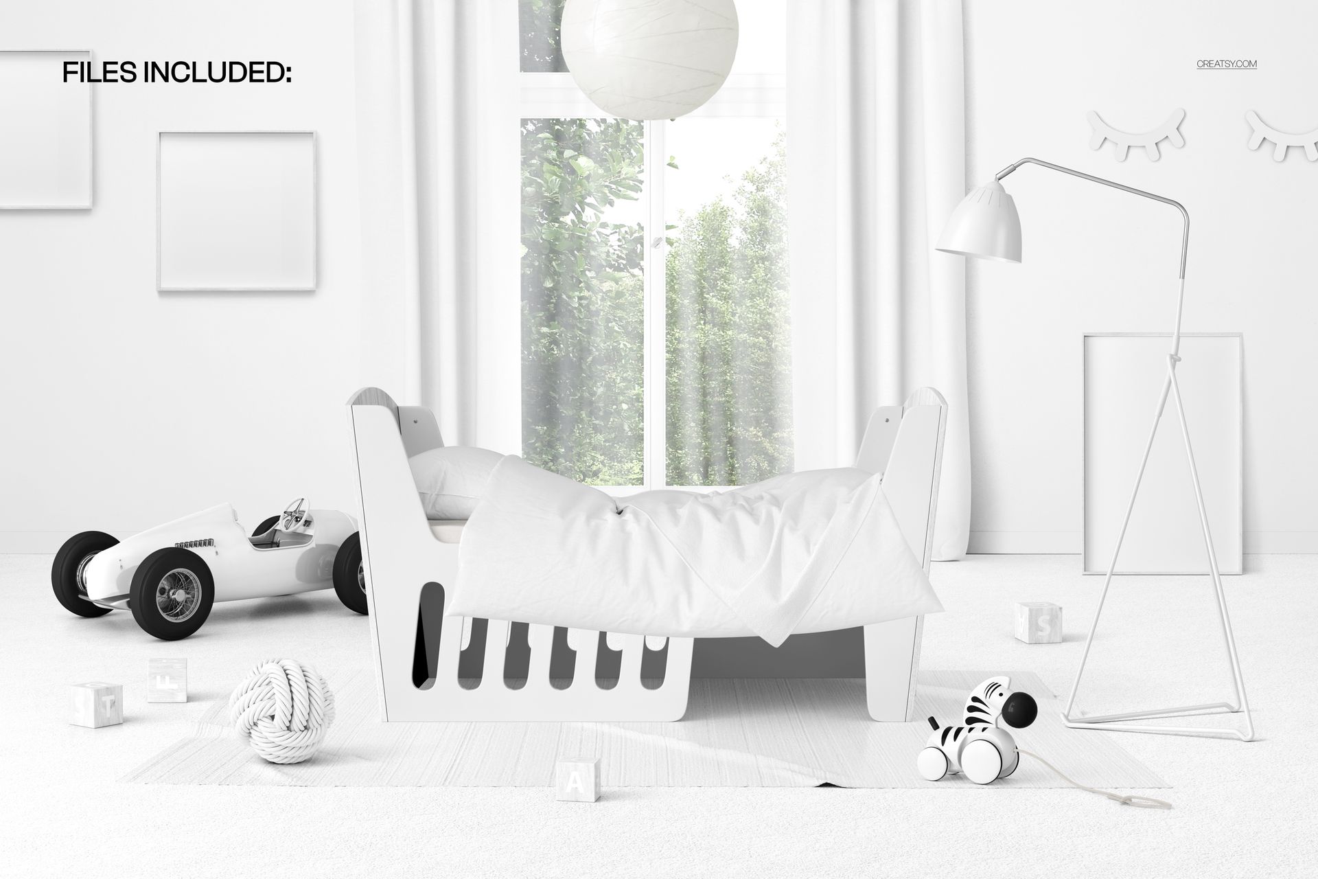 PSD mockup showing a toddler bed in a bright nursery, surrounded by a toy car, lamp, and soft decorative items.