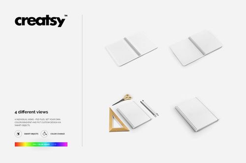 Notebook PSD mockup set showing four spiral notebooks in various positions, with stationery props in one view.