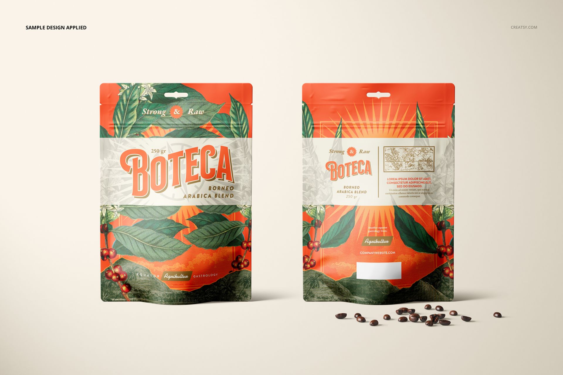 PSD mockup of packaging pouches with a leafy pattern and orange accents, displayed upright with scattered coffee beans.