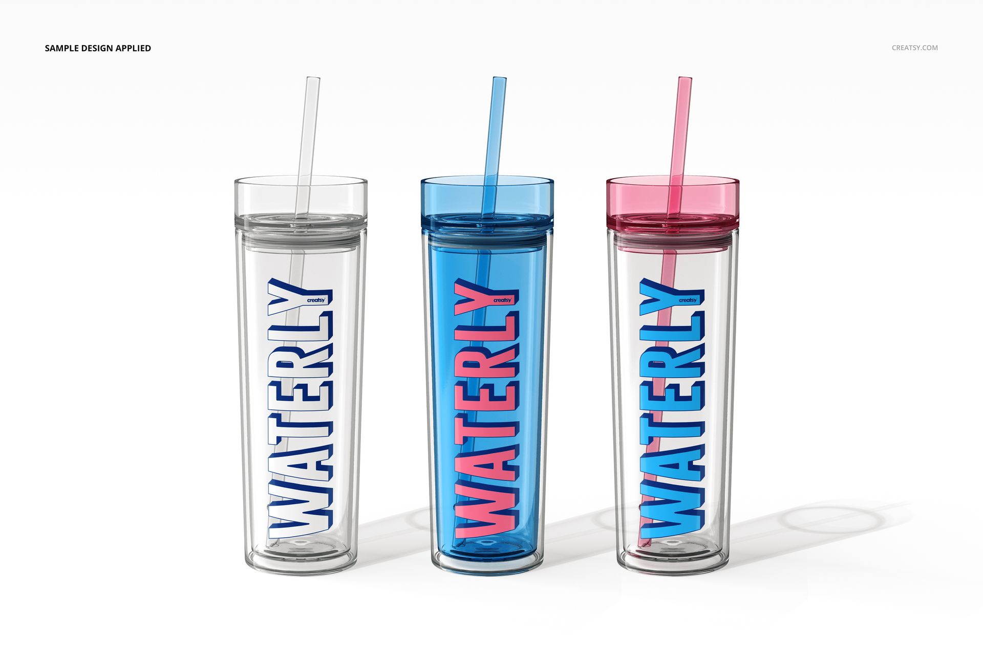 Set of double-wall acrylic tumbler mockups with different lid colors and straws, arranged side by side on a plain surface.