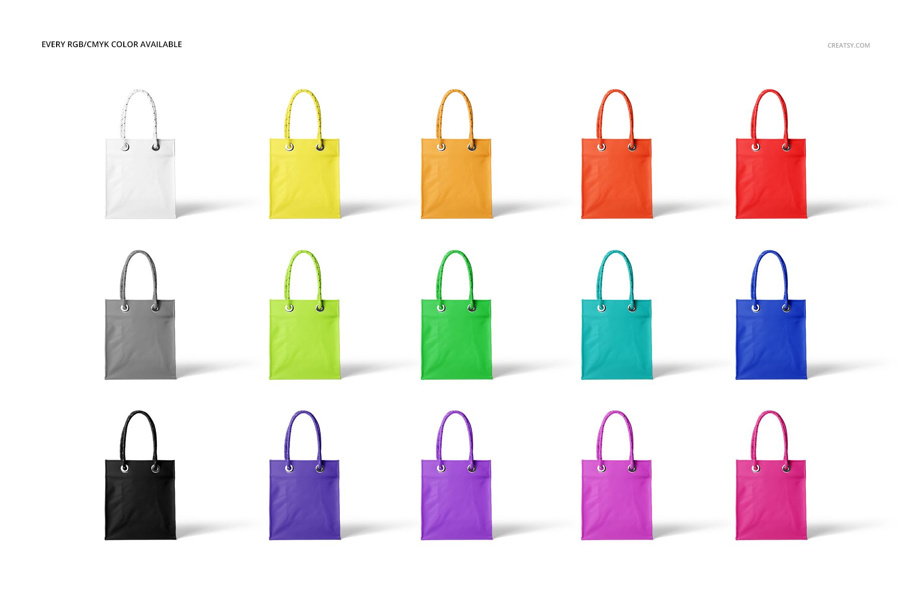 PSD mockup featuring an assortment of matte PVC reusable tote bags, each with different colored handles and bodies.