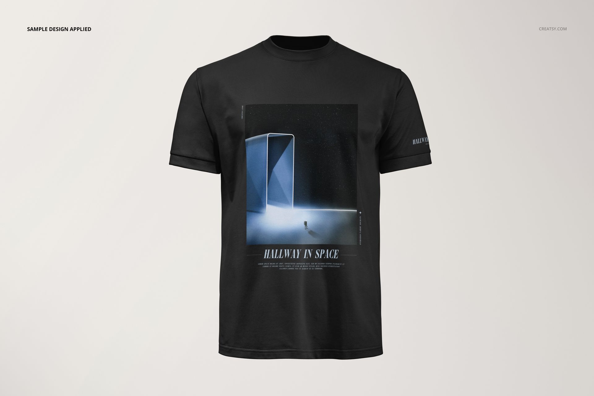 Black oversized t-shirt mockup with a futuristic illustration on the chest, shown from the front against a white backdrop.