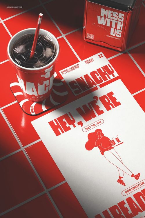 Drinkware and tableware mockup featuring a paper cup, napkins, flyer, and coaster arranged on red tiles.