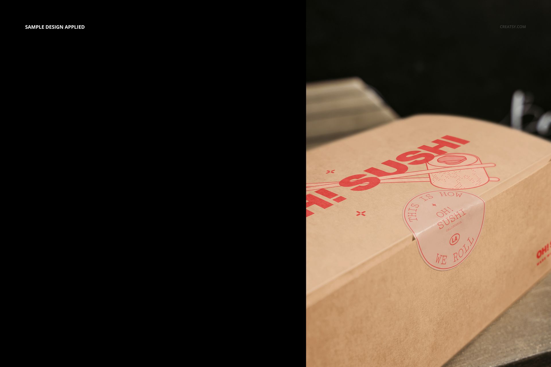 Brown cardboard takeaway box mockup featuring red sushi graphics, photographed outdoors on a bench.