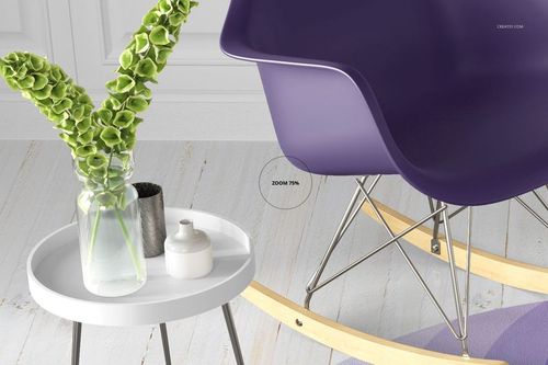 Contemporary interior with a purple rocking chair, white table, decorative vases, and light wood flooring carpet mockup.