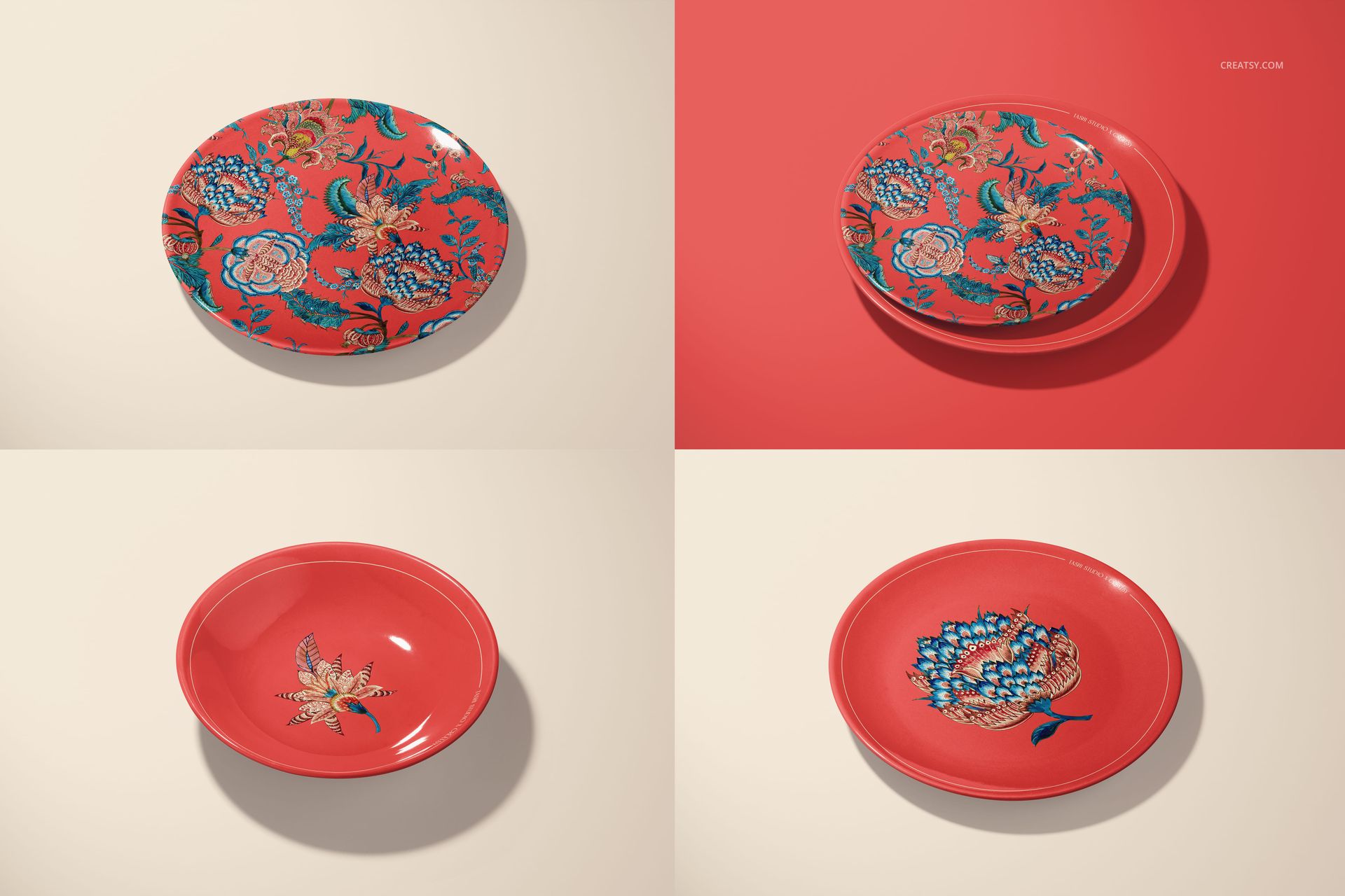 Ceramic plate mockup set featuring red plates with intricate blue and gold floral designs on beige and red backgrounds.