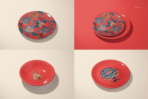 Ceramic plate mockup set featuring red plates with intricate blue and gold floral designs on beige and red backgrounds.