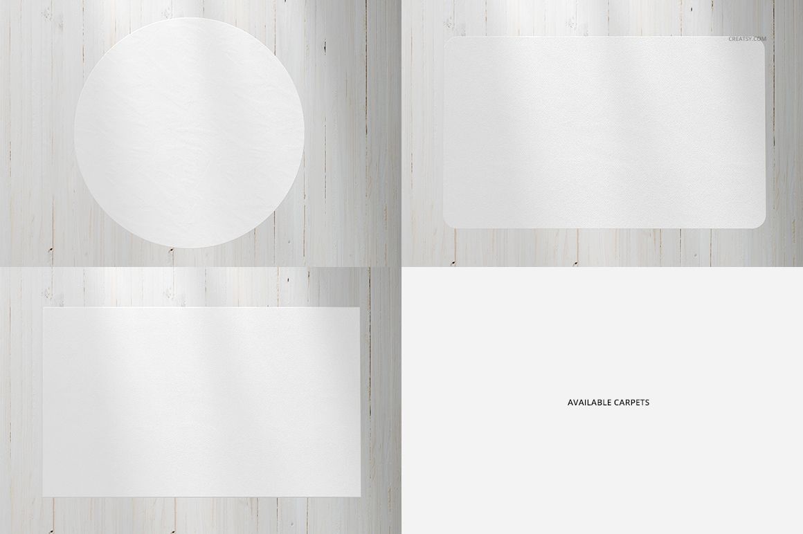 Set of carpet mockups featuring round and rectangular white carpets displayed on light wooden flooring from a top view.