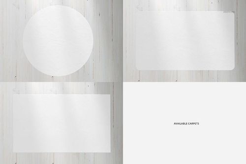 Set of carpet mockups featuring round and rectangular white carpets displayed on light wooden flooring from a top view.