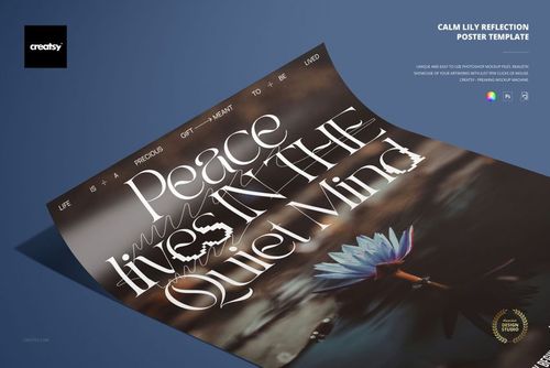 Rolled poster mockup displaying a serene blue lily on water, with elegant white lettering and soft reflections.