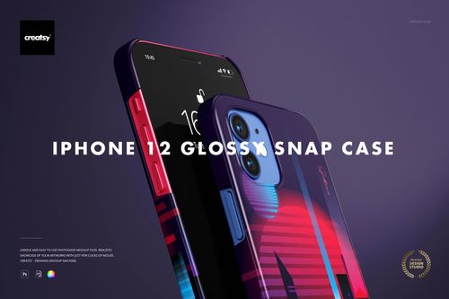 Front and side view of iPhone 12 mockup set featuring glossy snap cases in purple hues with geometric designs.