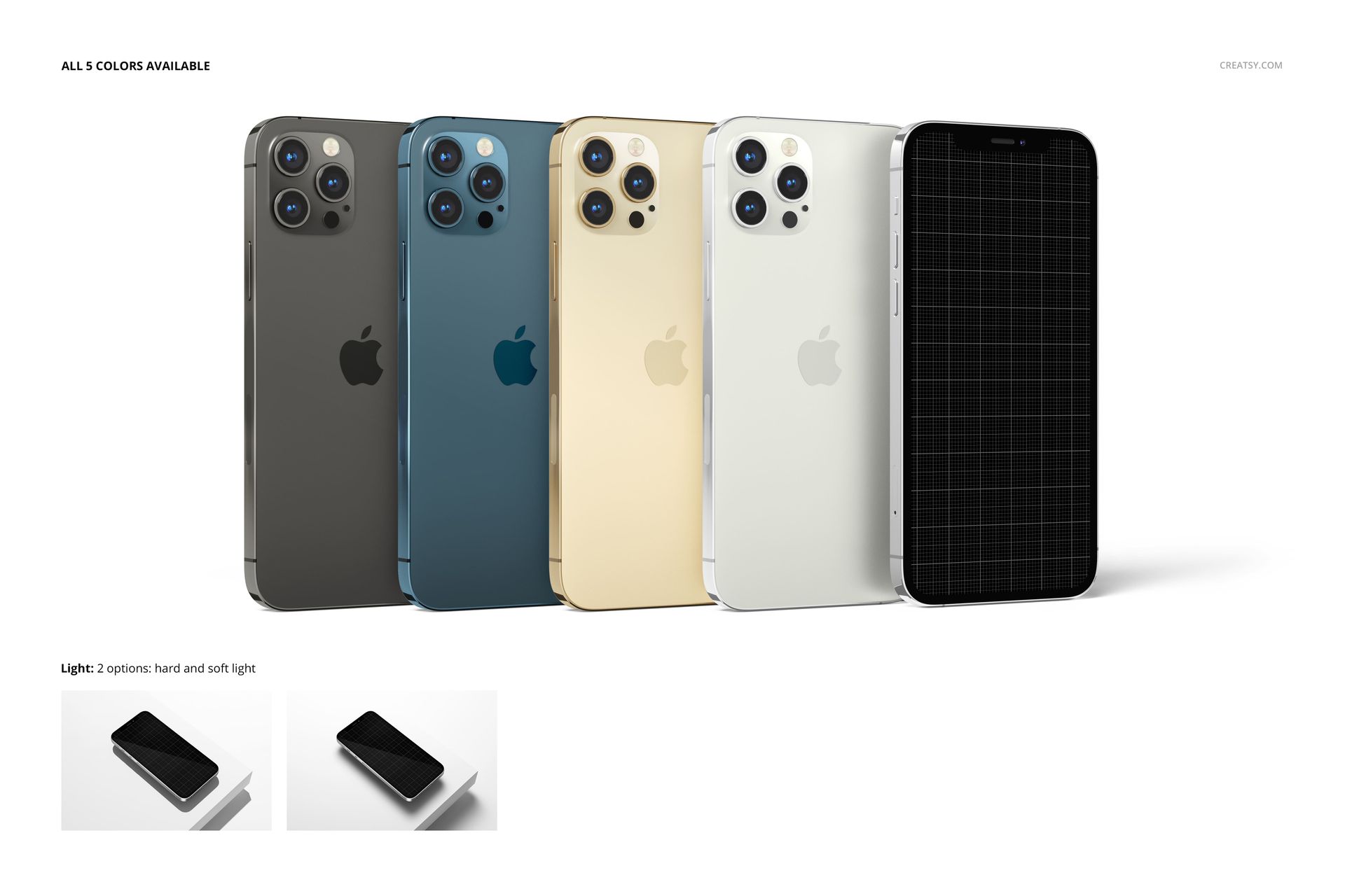 PSD mockup featuring five iPhone 12 Pro smartphones in gold, silver, blue, and graphite, displayed upright.