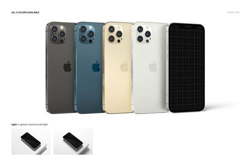 PSD mockup featuring five iPhone 12 Pro smartphones in gold, silver, blue, and graphite, displayed upright.