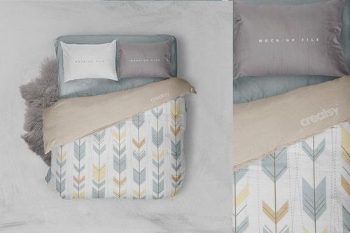 Double bed bedding mockup with geometric arrow pattern duvet, two pillows, and beige blanket, top view.