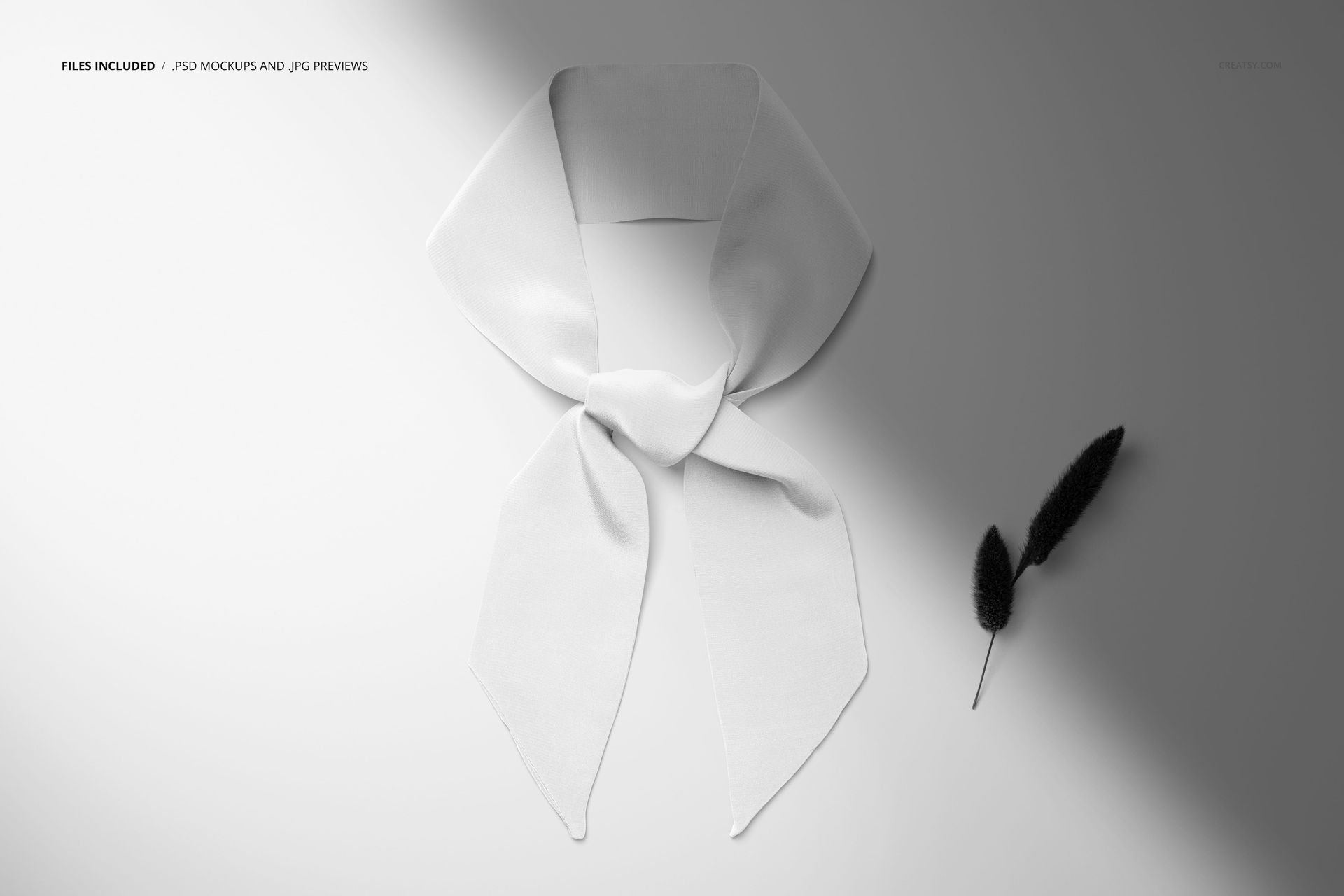 Top view of a tied twilly scarf mockup in solid white, displayed on a light surface with a small black plant.