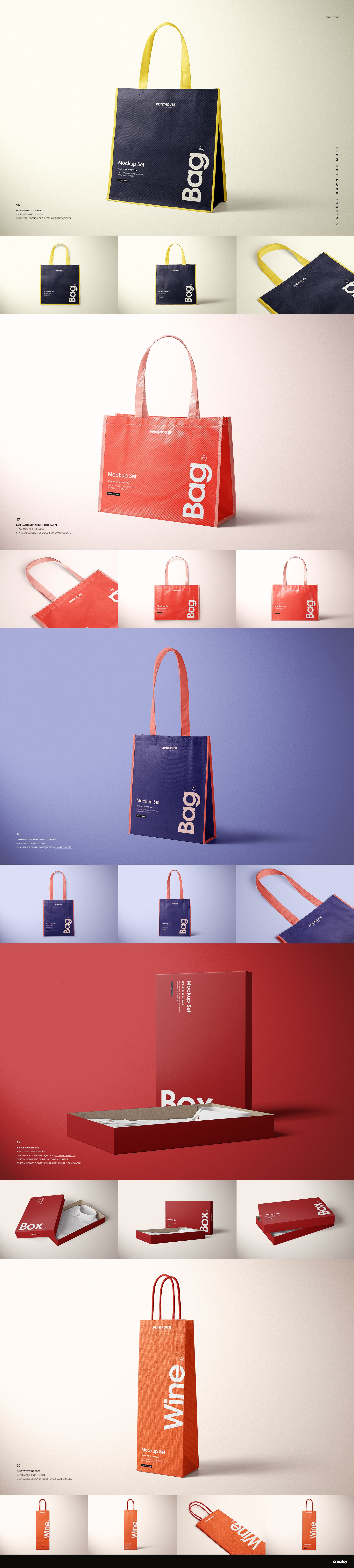 Various packaging mockups including paper bags and boxes in red, navy, and yellow, shown in front and angled views.