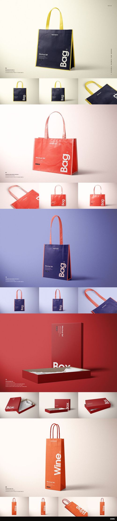 Various packaging mockups including paper bags and boxes in red, navy, and yellow, shown in front and angled views.