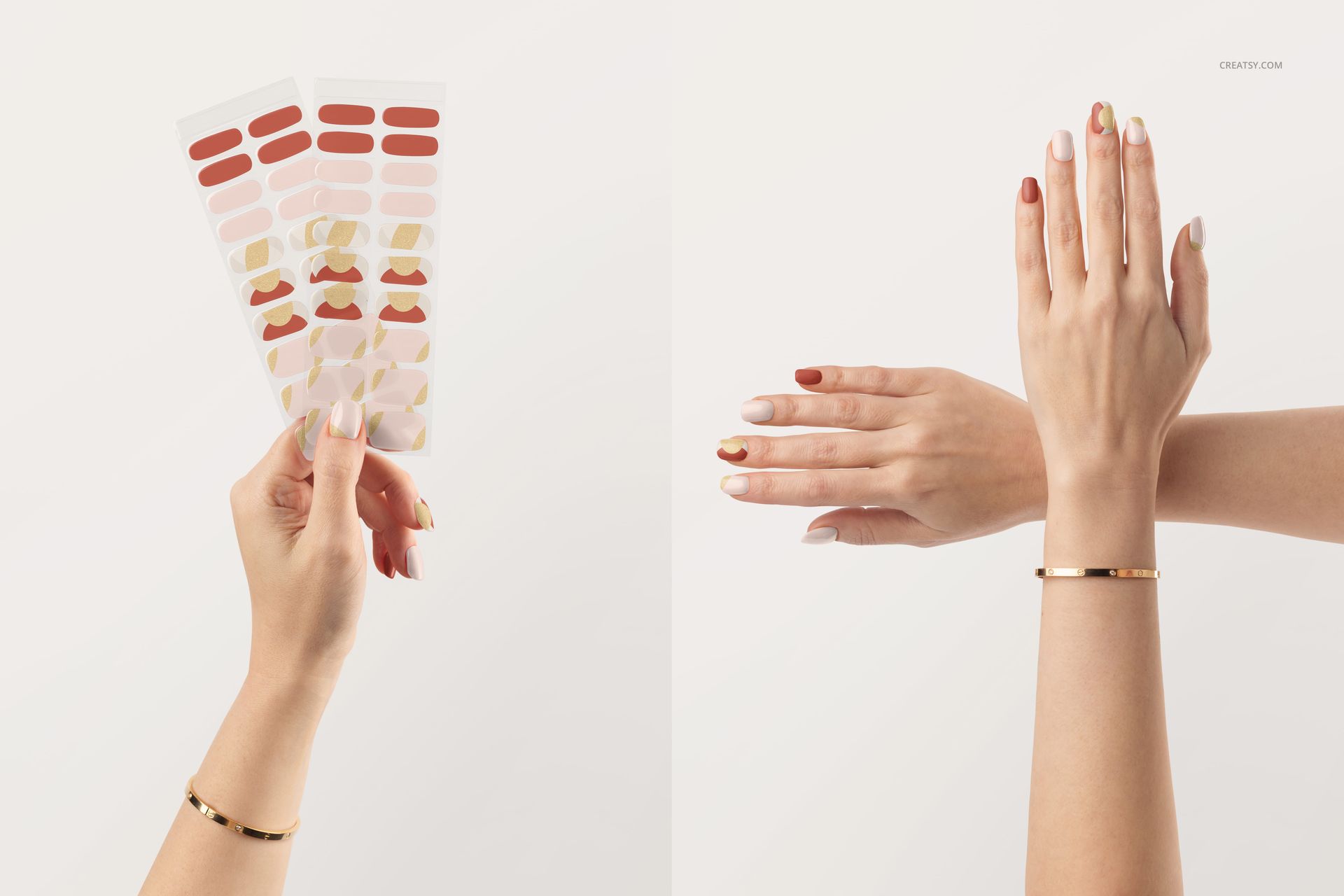 UV gel nail wraps mockup featuring three patterned sheets and two hands with decorated nails, shown in front view.