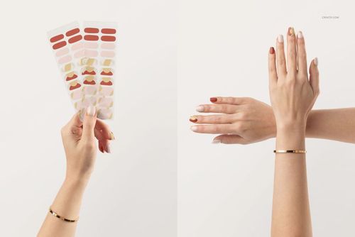 UV gel nail wraps mockup featuring three patterned sheets and two hands with decorated nails, shown in front view.