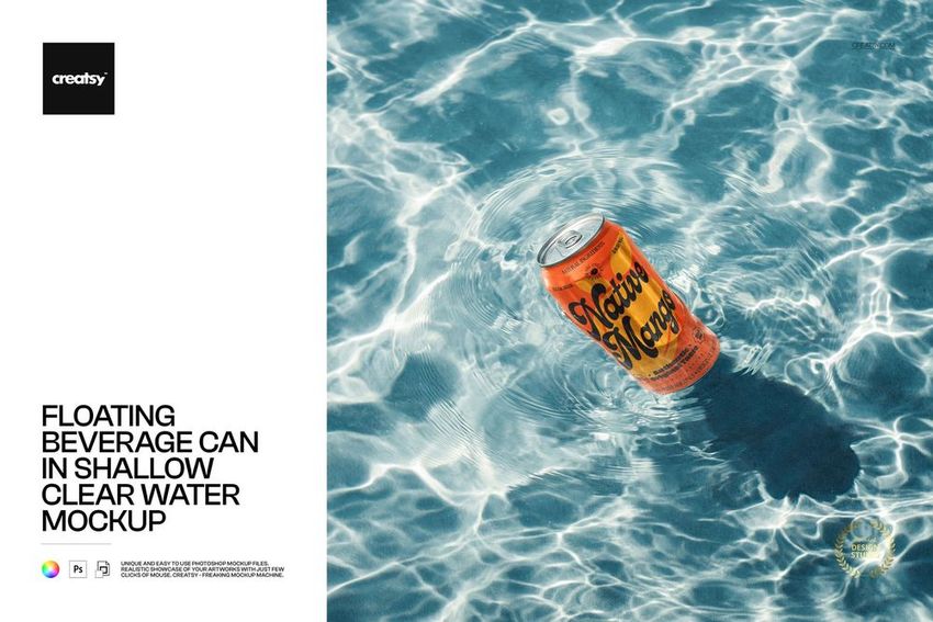Orange beverage can floating in clear shallow water, top view, surrounded by rippling blue waves in PSD mockup.