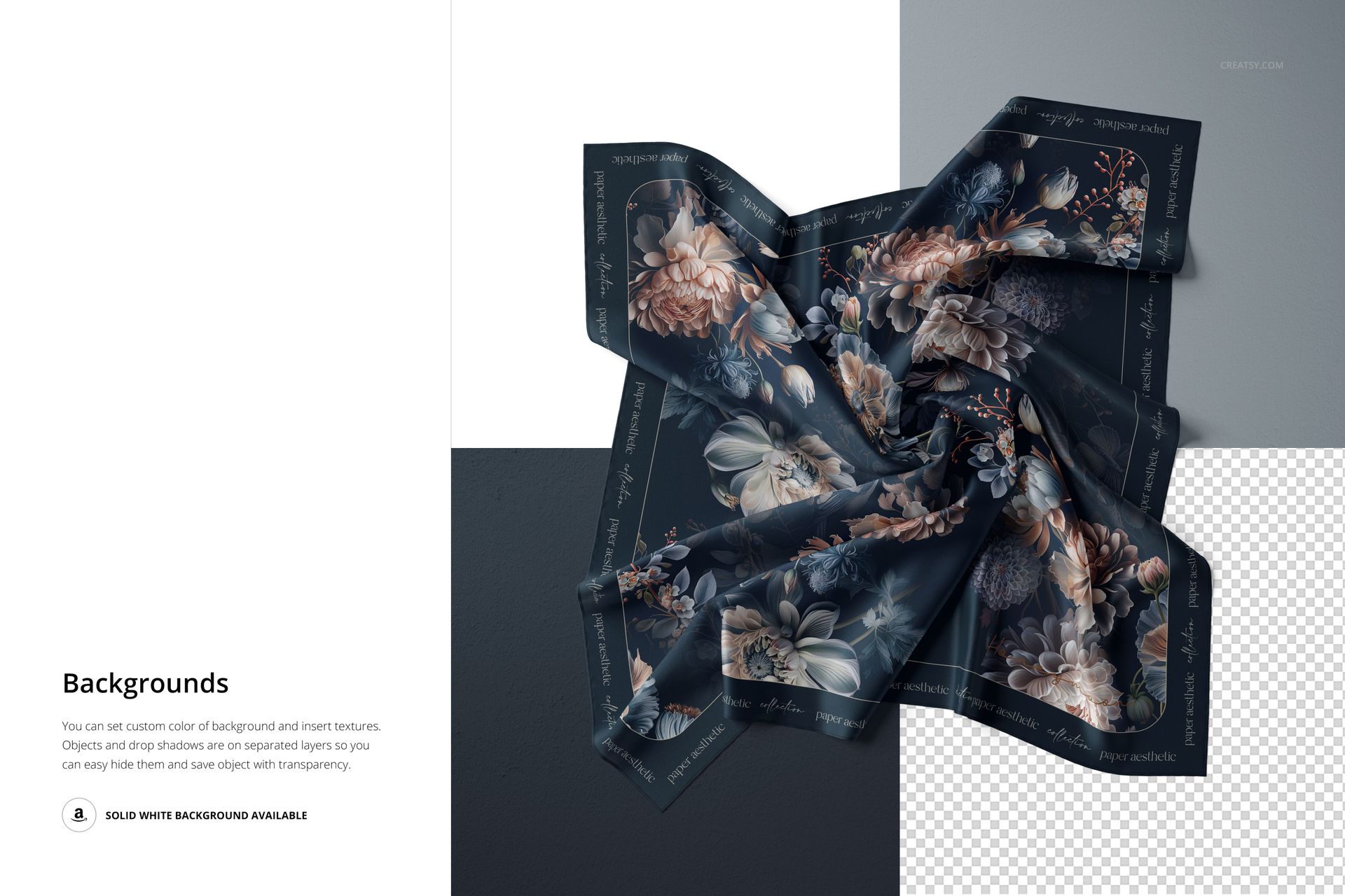 Top view of a crumpled silk scarf mockup featuring intricate floral designs on a dark background with layered effects.
