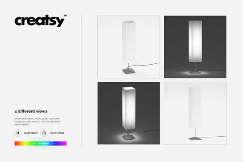 Square lampshade mockup set showing four tall, rectangular lamps on metal bases with light and dark backgrounds.