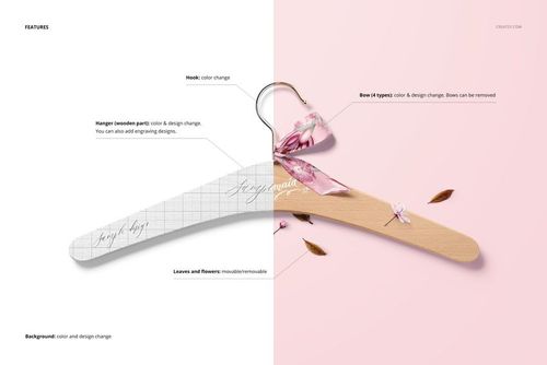 PSD mockup showing personalized hangers, one with a light grid design and script, the other with a natural wood look and pink bow.