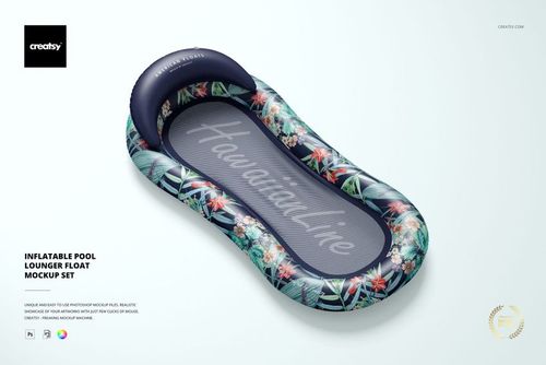 Mockup of an inflatable pool lounger float featuring a botanical design, viewed from above with soft lighting.