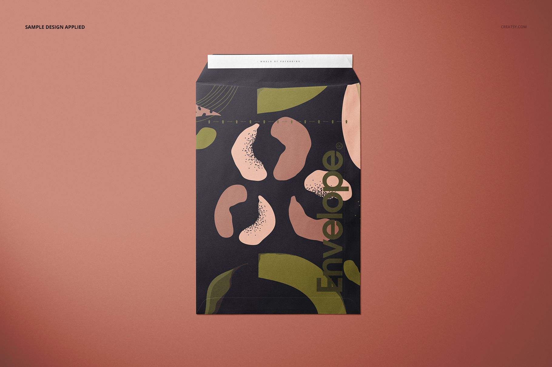 Envelope mockup featuring a geometric design in pink, green, and beige tones, displayed on a brown backdrop.